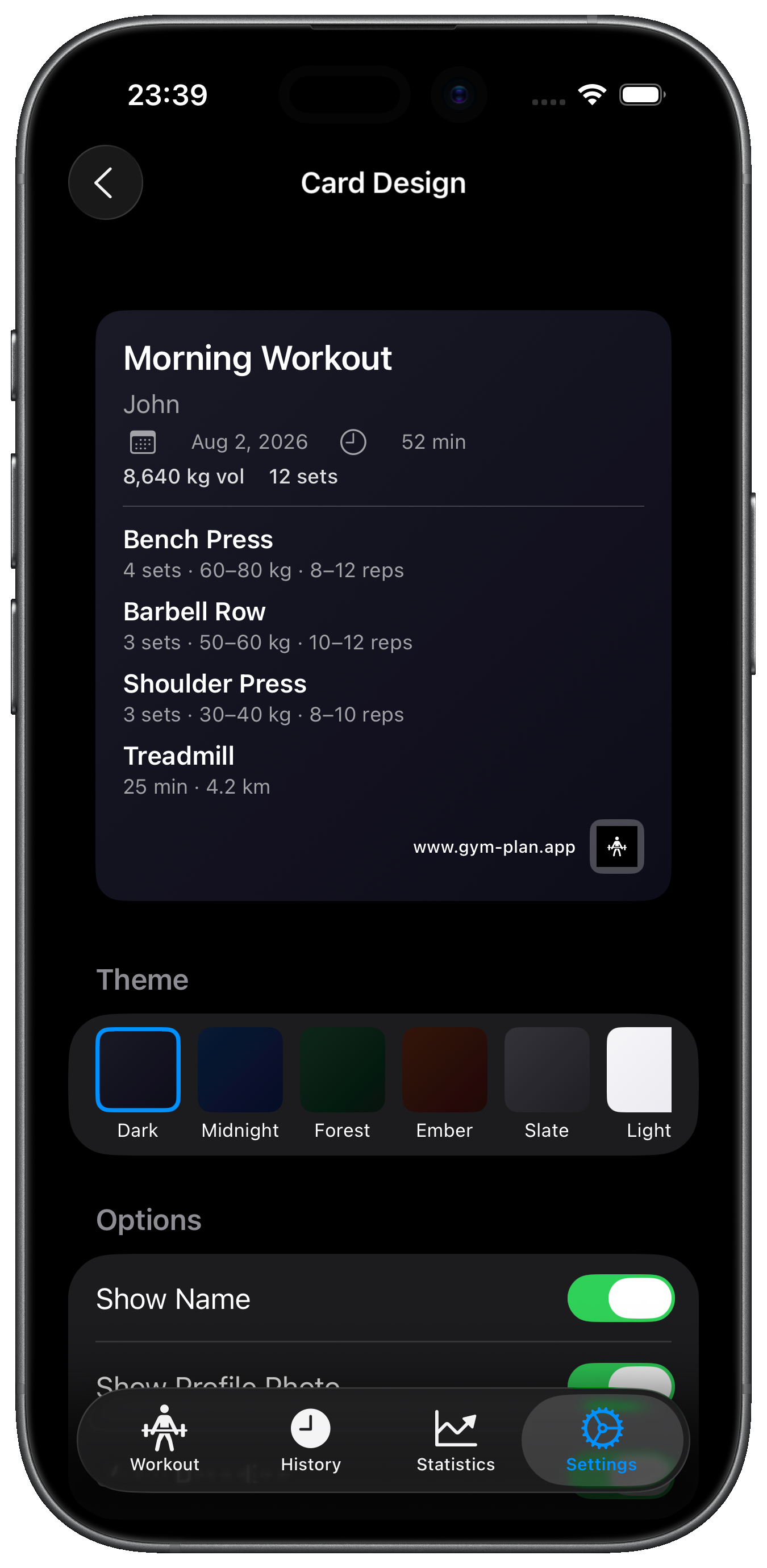 Customisable workout share cards in Gym Plan