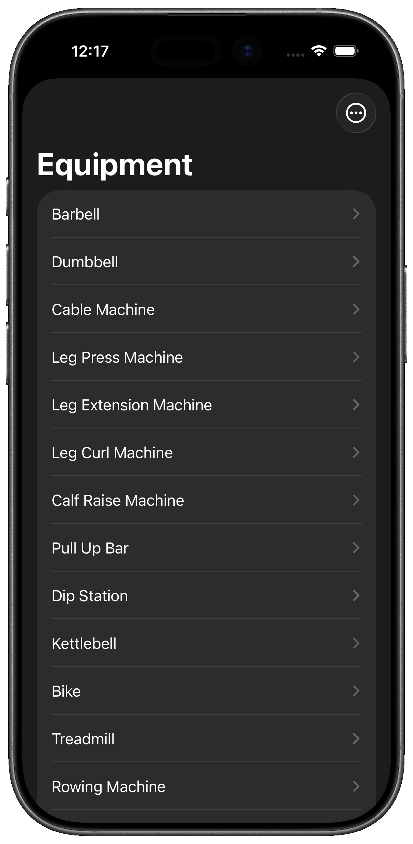 Equipment catalogue in Gym Plan