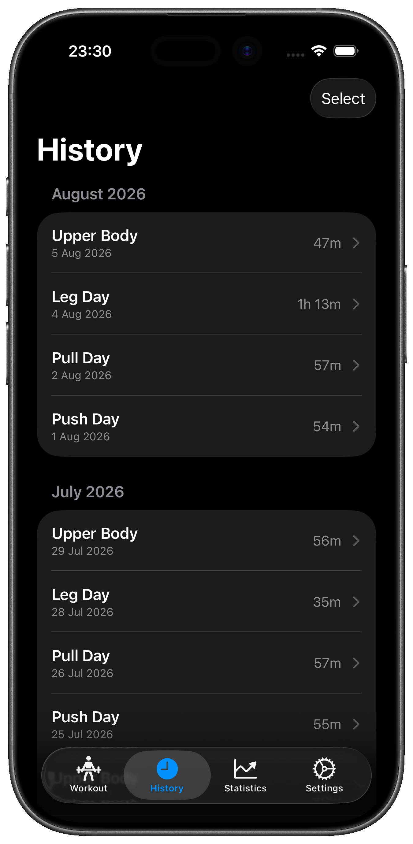 Workout history in Gym Plan