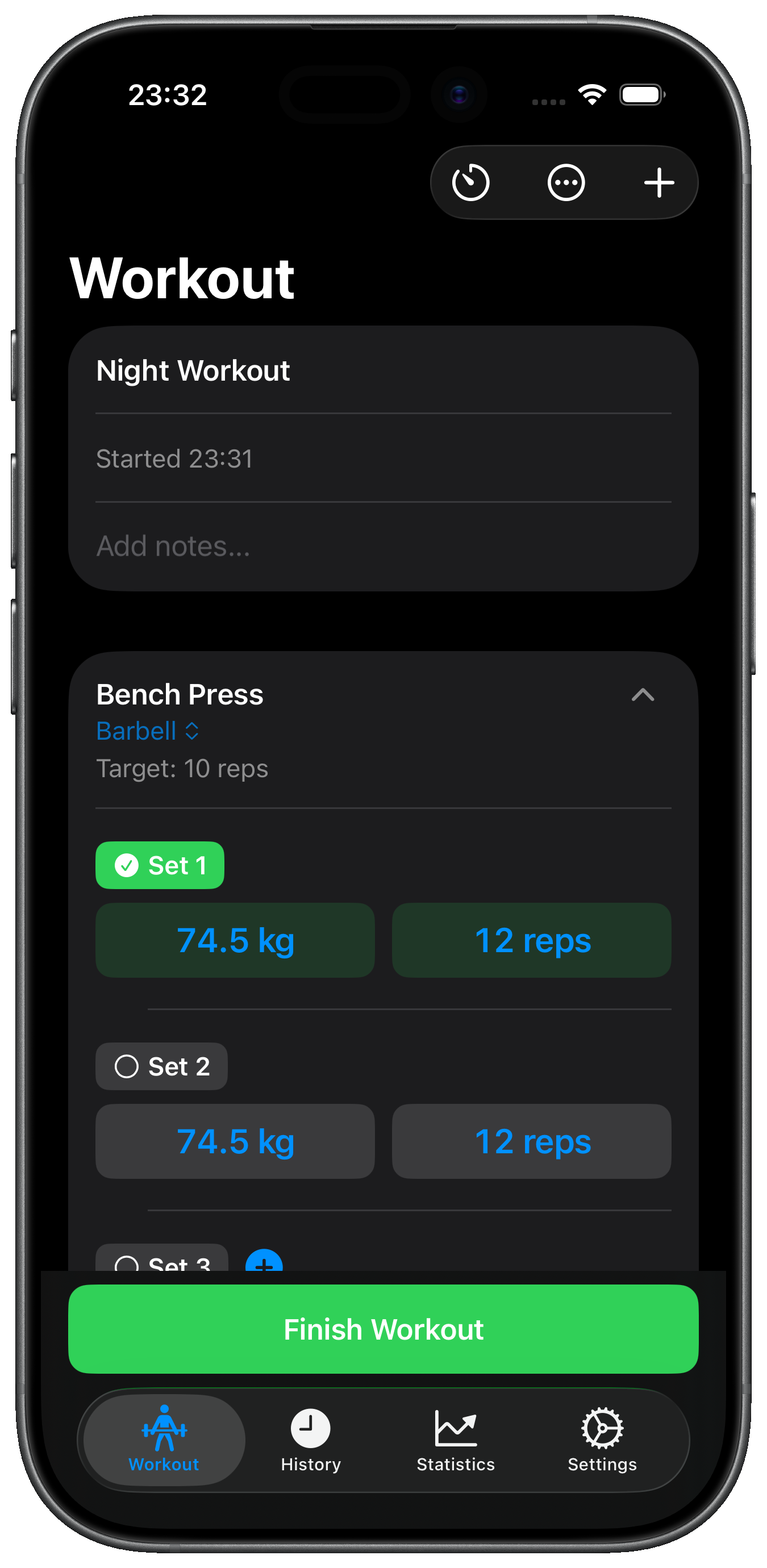 Active workout session in Gym Plan